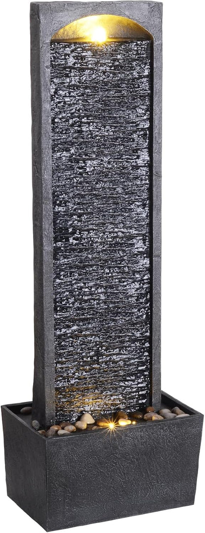 Teamson Home 38.58 in. Modern Curved Faux Slate Waterfall Fountain for Indoors or Outdoors with LED Light Accents and 1.98-Gallon Pump, Black and Stone Gray | Freestanding Floor Garden Waterfall, LED Lights, Weatherproof Polyresin, For Patio & Yard