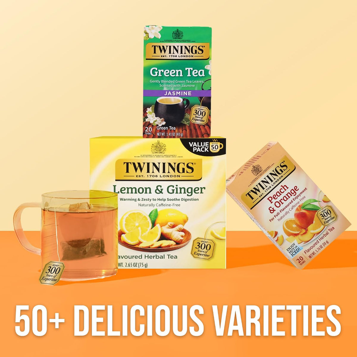 Twinings Peach & Orange Herbal Tea Individually Wrapped Bags, 20 Count (Pack of 6), Juicy & Fruity, Naturally Caffeine-Free, Enjoy Hot or Iced, 120 Teabags