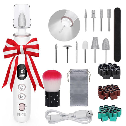 PELCAS Electric Nail Grinder, 10 Speeds Cordless Nail Drill with LED Light, Portable Manicure and Pedicure Kit, Nail File with LCD Screen for Human, Pet, Thick Toenails, Natural & Acrylic Nails Grey
