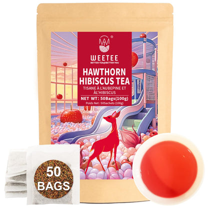 WT WEETEE Hawthorn Hibiscus Tea Bags 50ct, Caffeine-free Herbal for Heart