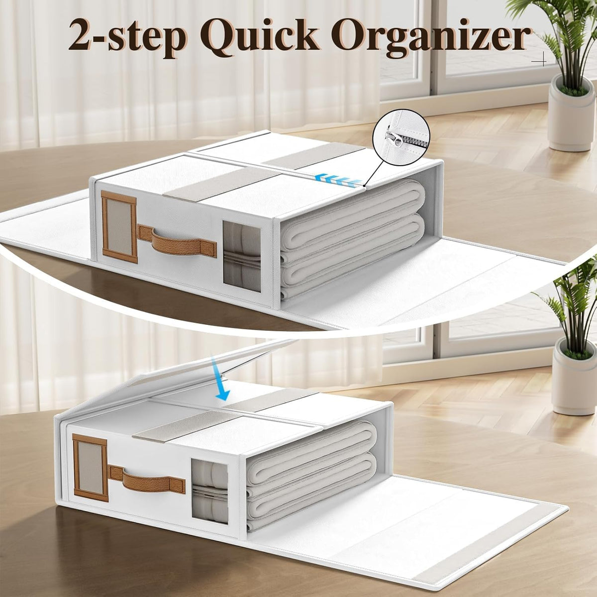 Bed Sheets Organizers And Storage,Sheets Set Folder Keeper with Handle,Foldable Bedding Storage Box For Linen Closet,Duvet Cover(King Size-3.7 Gal,Beige)