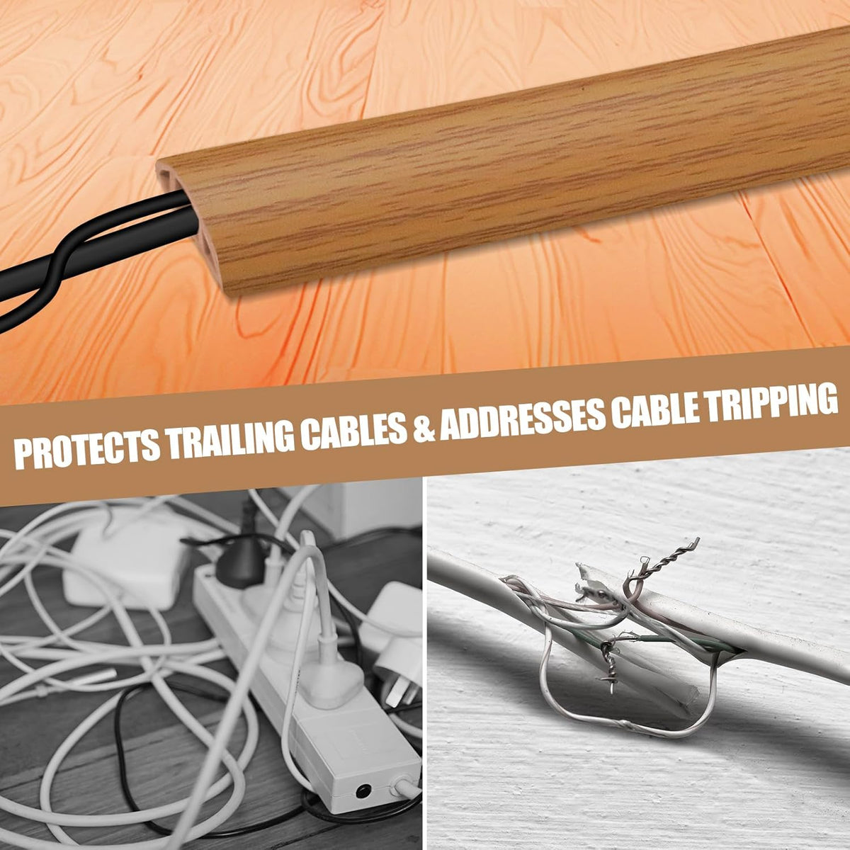 Floor Cord Cover Self Adhesive Cord Hider,10FT Cable Management, Extension Strip Protector for Wires, Prevent Cable Trips for Offices, Gyms, Exhibitions Cavity 0.39"(W) x 0.27"(H) BrownWood