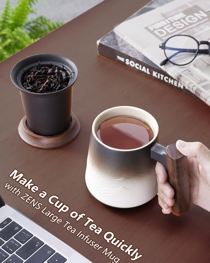 ZENS Embossed Ceramic Tea Mug with Infuser and Lid, 14.5 oz Wooden Handle, Loose Leaf Tea Steeper Cup & Strainer for Tea Lovers Gifts