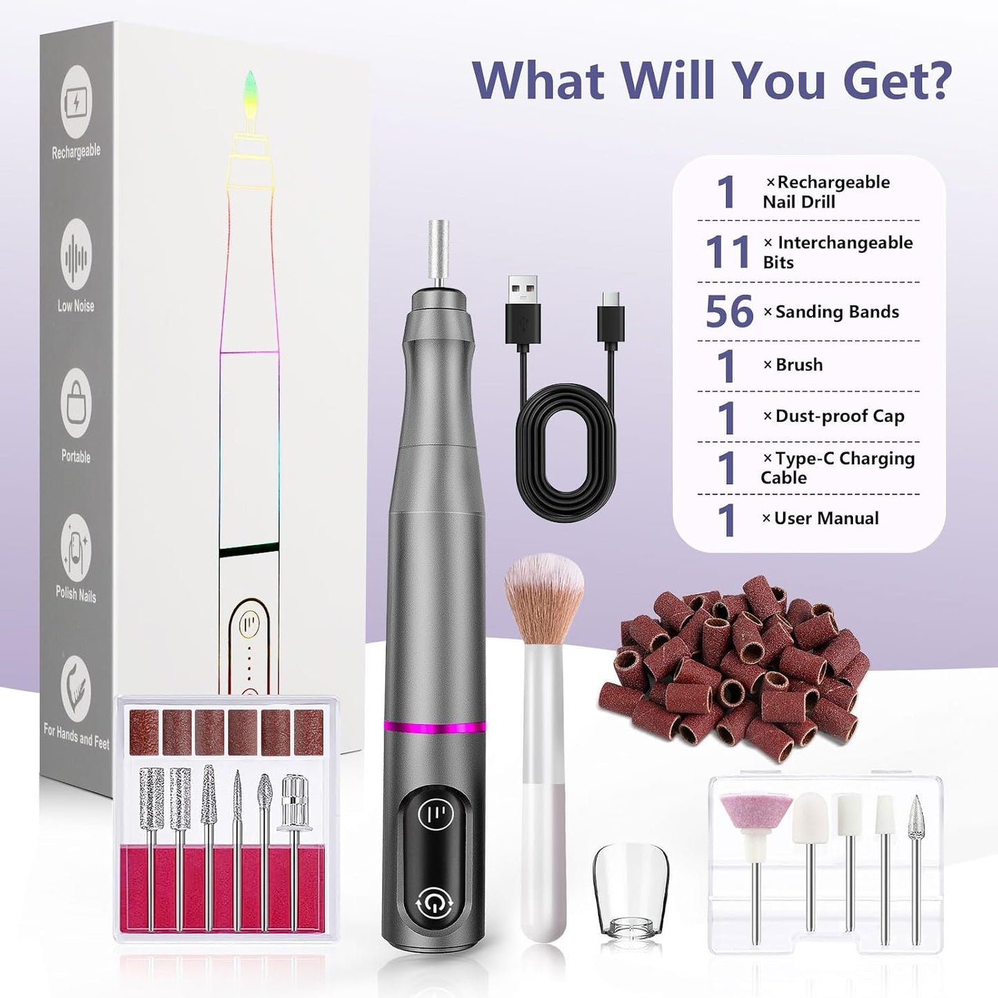 TUOBEO Cordless Nail Drill Electric Nail File Kit, Rechargeable Efile Set, Portable Acrylic Gel Nail Polish Remover Machine, Pedicure Manicure Tool, 11 Bits, 56 Sanding Bands, Salon Home, Purple
