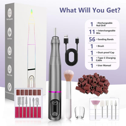 TUOBEO Cordless Nail Drill Electric Nail File Kit, Rechargeable Efile Set, Portable Acrylic Gel Nail Polish Remover Machine, Pedicure Manicure Tool, 11 Bits, 56 Sanding Bands, Salon Home, Purple