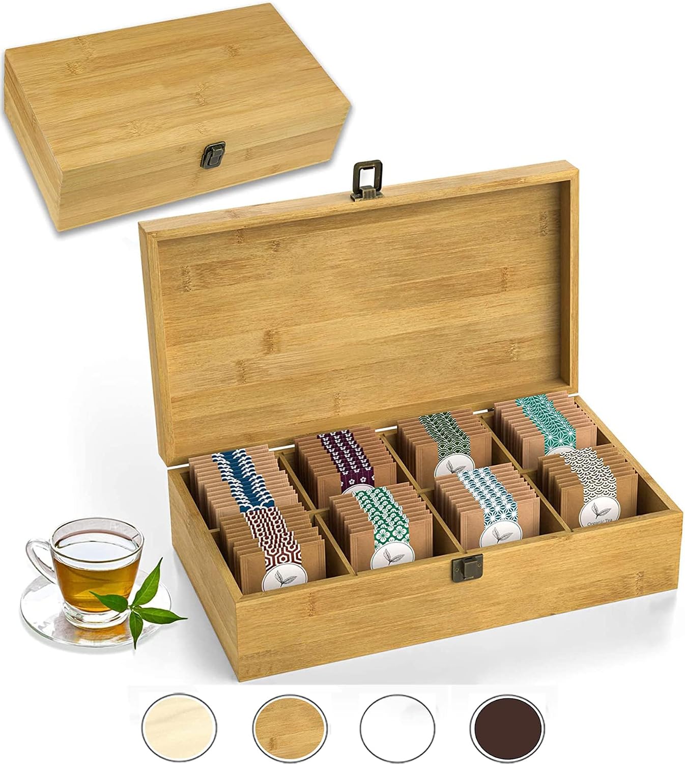 Tea Organizer Box Food Safe Chemical Free Bamboo Wood Storage Chest Big, Tall, Adjustable Cubbies (8-Slot 14.3" x 8.1" x 4.2" with TEA print design)