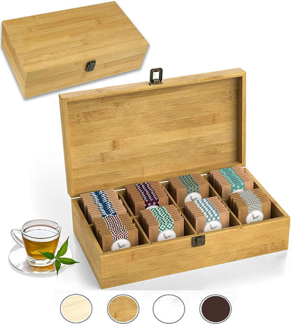 Tea Organizer Box Food Safe Chemical Free Bamboo Wood Storage Chest Big, Tall, Adjustable Cubbies (8-Slot 14.3" x 8.1" x 4.2" with TEA print design)