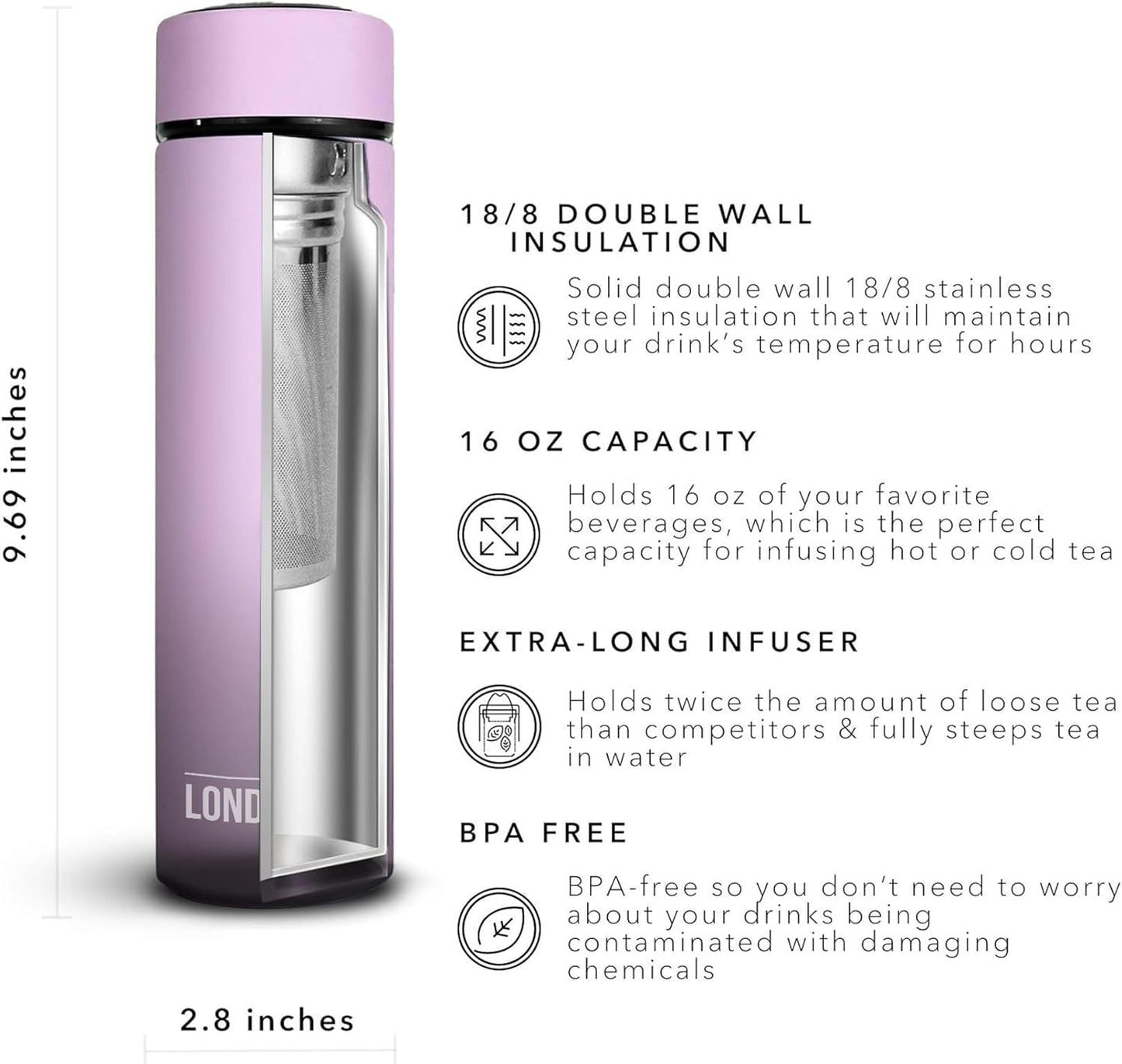 London Sip Multi-Purpose Tea Infuser Travel Mug and Tumbler Fruit Infuser Flask Hot and Cold Double Wall Stainless Steel Thermos with Extra-Long Infuser, Midnight Teal