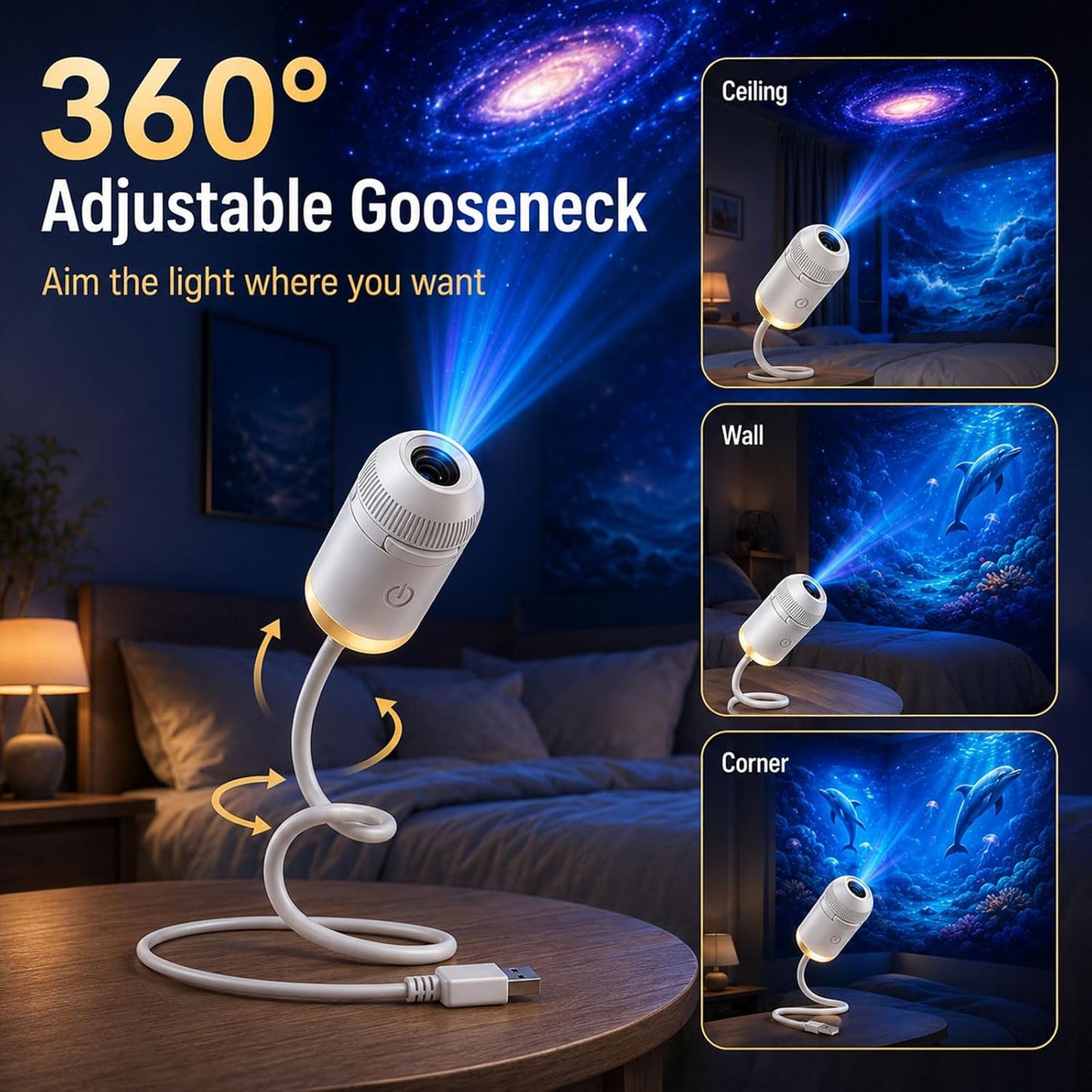 2027 New Hd Smart Dynamic 5d Holographic Night Light Projector, Plug and Play Hd Star Projector, 360° Adjustable Hd Galaxy and Ocean Projector for Bedroom Ceiling (24 Projection Films)