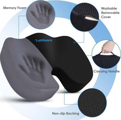 TushGuard Seat Cushion for Office Chair Memory Foam Non-Slip Desk Seat Cushion Back, Coccyx, Sciatica, Tailbone Pain Relief Butt Pillow for Office Chair, Car, Wheelchair, Black