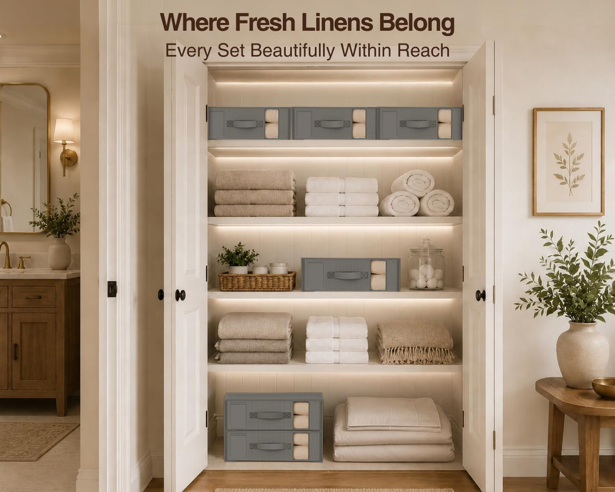 DIMJ Bed Sheet Organizers and Storage - Foldable Sheet Holder, Linen Closet Organizer Box for Sheets Set, Bedding, Blankets, Towel (King & Queen Size), Grey