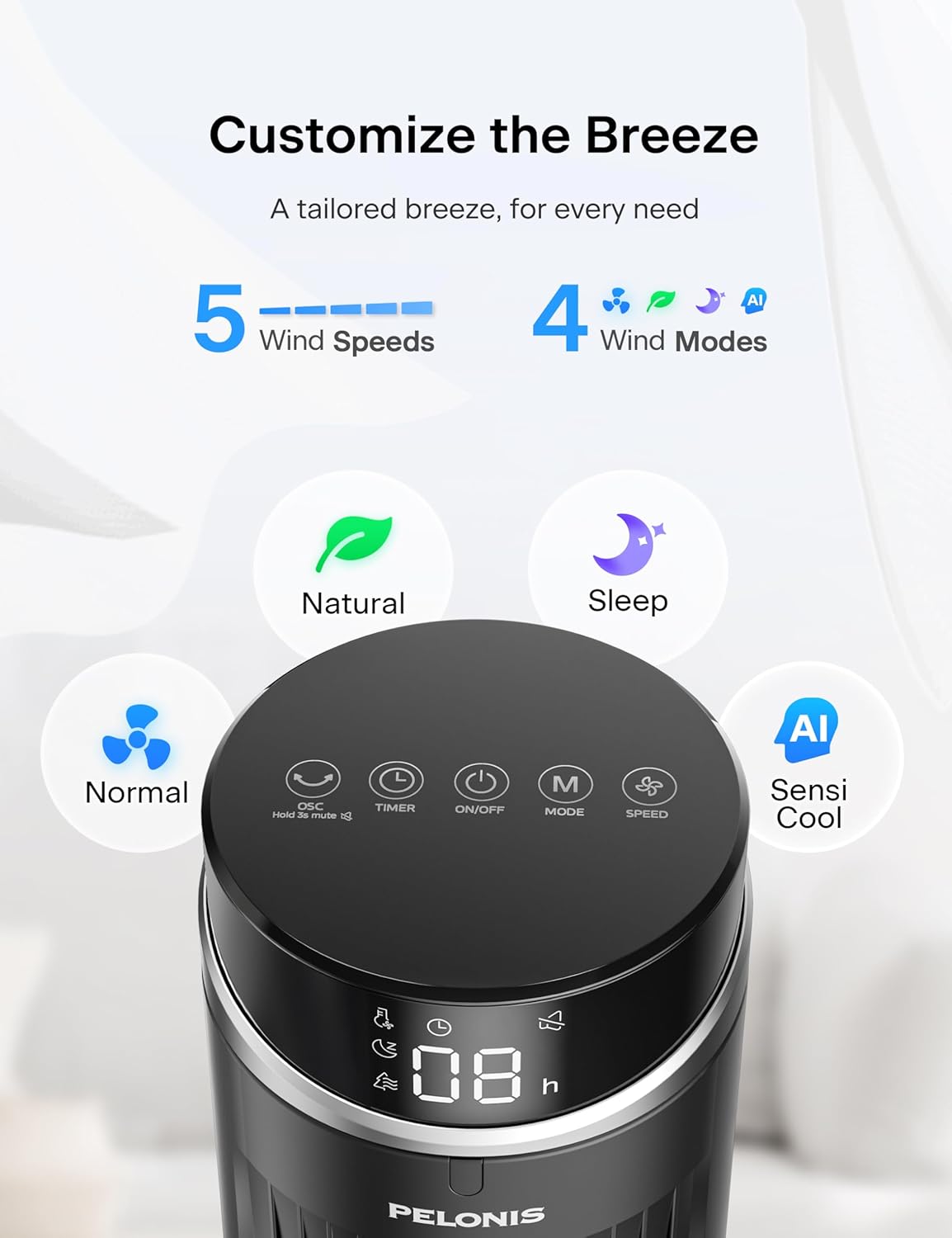 PELONIS 40 inch Bladeless Tower Fan for Bedroom, Standing Fan with Remote Control, 26ft/s, 90° Oscillation, 3 Speed Settings, 27dB, 3 Modes, 15-Hour Timer, LED Display, Fan that Blows Cold Air, White