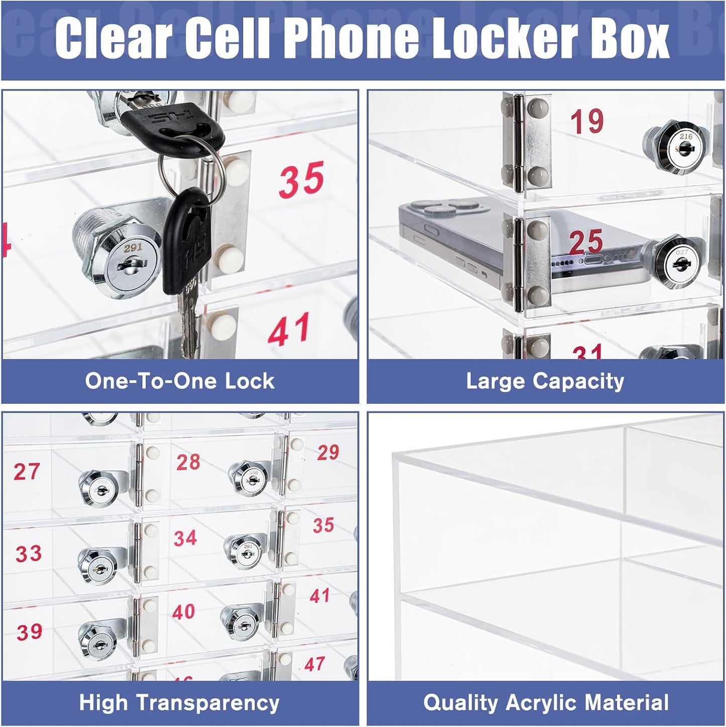 Layhit 20 Slots Cell Phone Locker Box for Classroom Clear Acrylic Cell Phone Storage Cabinet Bin with Door Locks for Classroom School Students Office Factory Employees