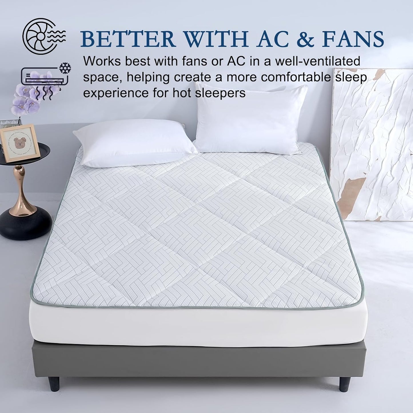 YOUR MOON Cooling Mattress Pad Queen Size for Hot Sleepers, Soft Breathable Noiseless Bed Pad Mattress Cover, Quilted Fitted Pillow Top Mattress Cover with 8"-16" Deep Pocket (Blue White, 60x80)