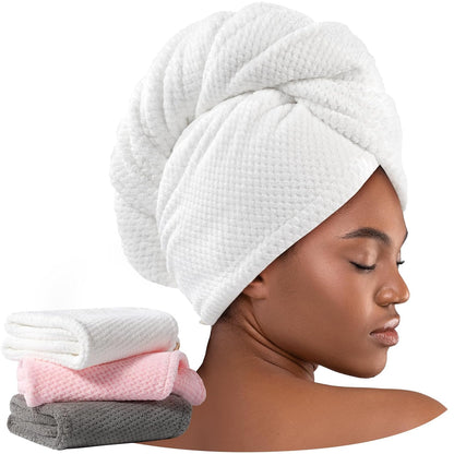 Umisleep 2 Pack Microfiber Hair Towel Wrap for Women, 400 GSM Thick & Soft Hair Drying Towels, Super Absorbent Hair Turban with Button Loop for Curly, Wavy & Wet Hair (Grey, White)