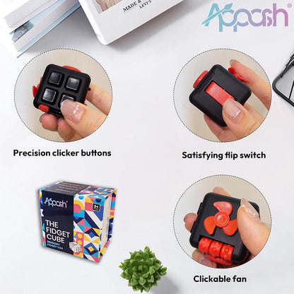Fidget Cube - 9-in-1 Sensory Desk Toy ADHD Anxiety Relief [BlkRed] | Silent office desk toy, features ACU rollers, clickable fan, pen slider, bearing balls, ultimate focus decompression pack