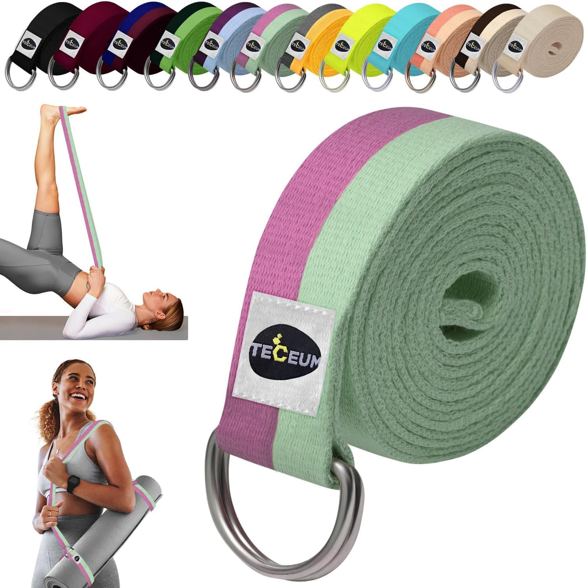 TECEUM 2 IN 1 Yoga & Mat Strap for Stretching – Cotton – 6/8/10 ft
