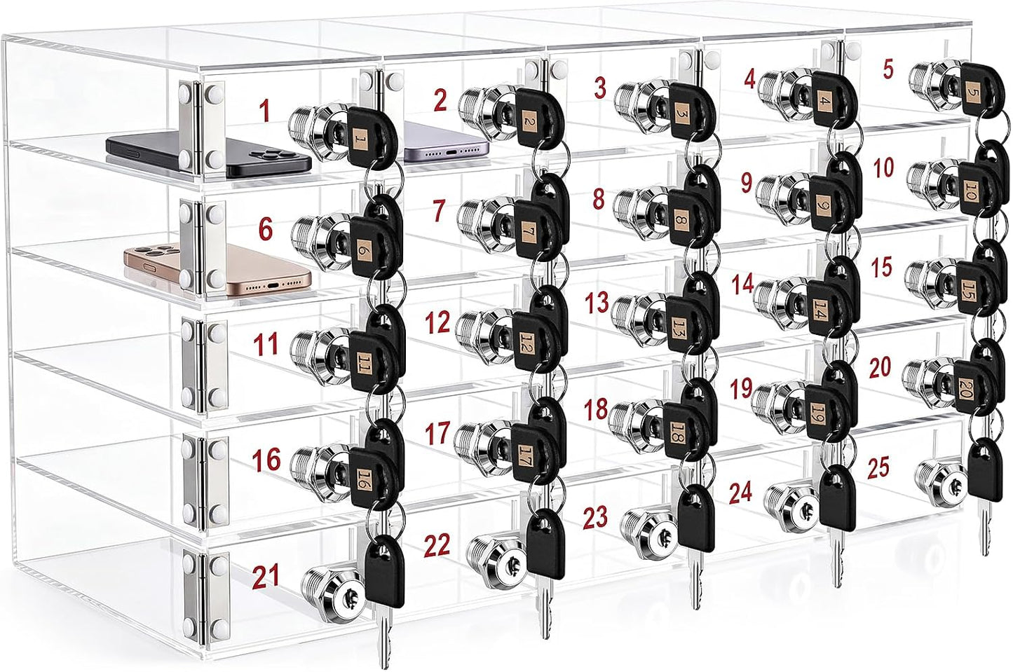 Layhit 20 Slots Cell Phone Locker Box for Classroom Clear Acrylic Cell Phone Storage Cabinet Bin with Door Locks for Classroom School Students Office Factory Employees