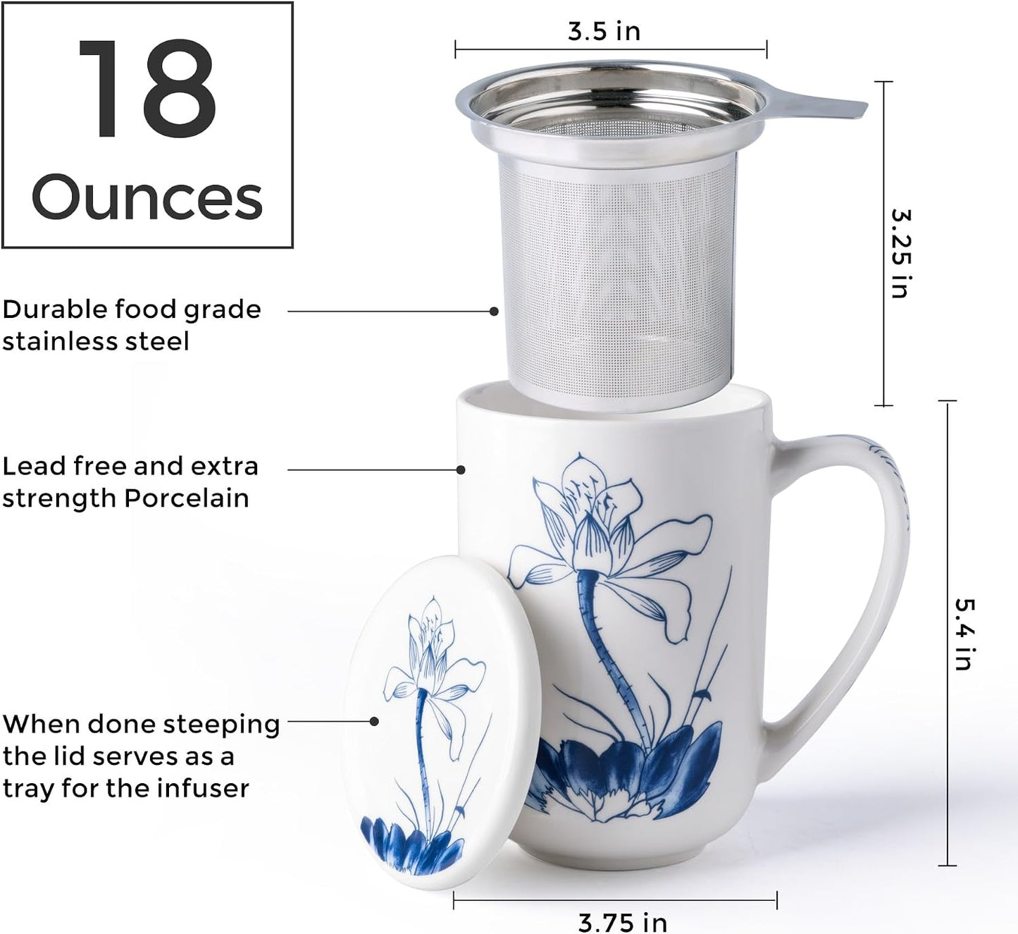 AmorArc Porcelain Tea Mug with Infuser and Lids, 18 Oz Large Cup Strainer with Bag Holder for Loose Leaf Tea, Steeping Coffee Mug for House-warming Wedding Birthday Gift