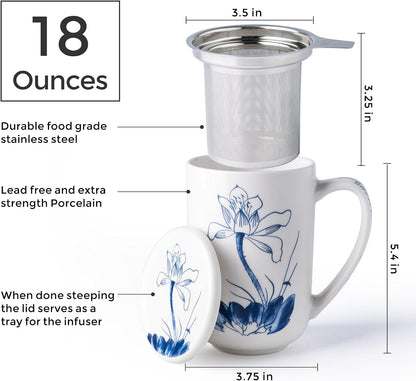 AmorArc Porcelain Tea Mug with Infuser and Lids, 18 Oz Large Cup Strainer with Bag Holder for Loose Leaf Tea, Steeping Coffee Mug for House-warming Wedding Birthday Gift