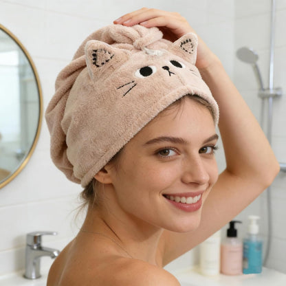 2Pack Microfiber Hair Towel Wrap for Kids, Cute Cat Absorbent Hair Drying Turbans Head Towels for Women Girls (Pink and Gray cat)