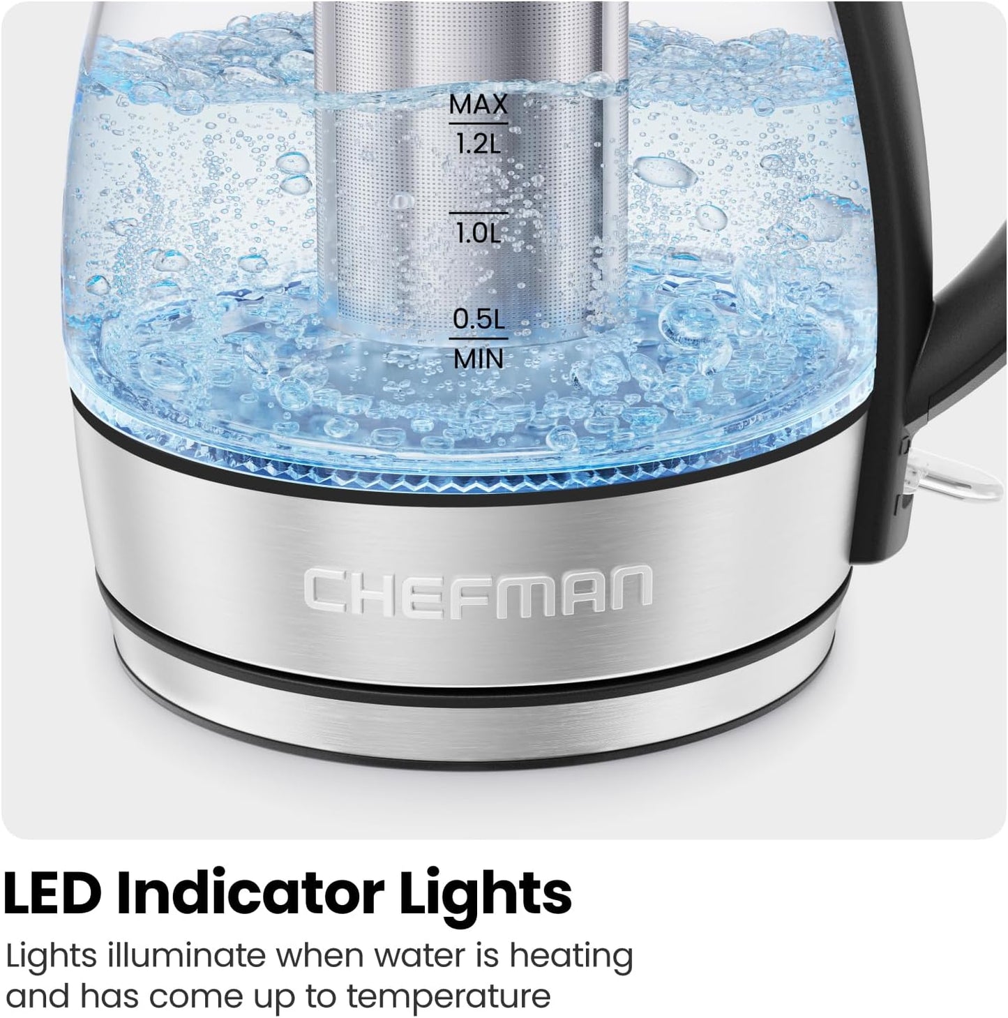 Chefman Electric Kettle with Temperature Control, 5 Presets LED Indicator Lights, Removable Tea Infuser, Glass Tea Kettle & Hot Water Boiler, 360° Swivel Base, BPA Free, Stainless Steel, 1.8 Liters