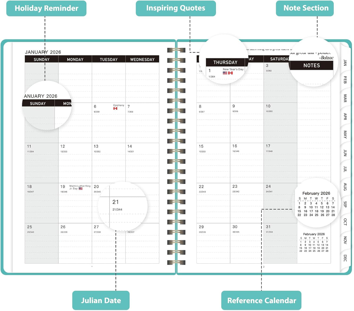 Planner 2026-2027, Weekly and Monthly Calendar Planner, JUL 2026 - JUN 2027 - Colors B