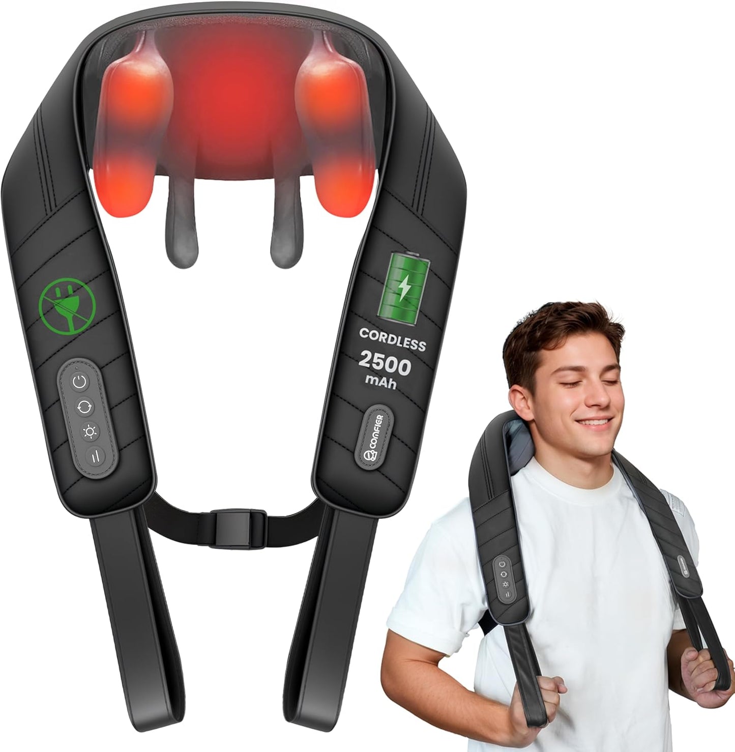 COMFIER Cordless Neck and Shoulder Massager with Heat, Wearable 4D Shiatsu Deep Tissue Kneading for Desk Workers and Drivers, Hands-Free Straps, FSA Eligible HSA Gift