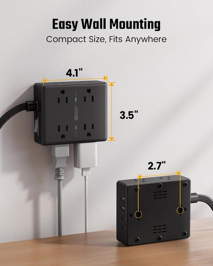 SUPERDANNY Extension Cord,Flat Plug Surge Protector Power Strip,10Ft