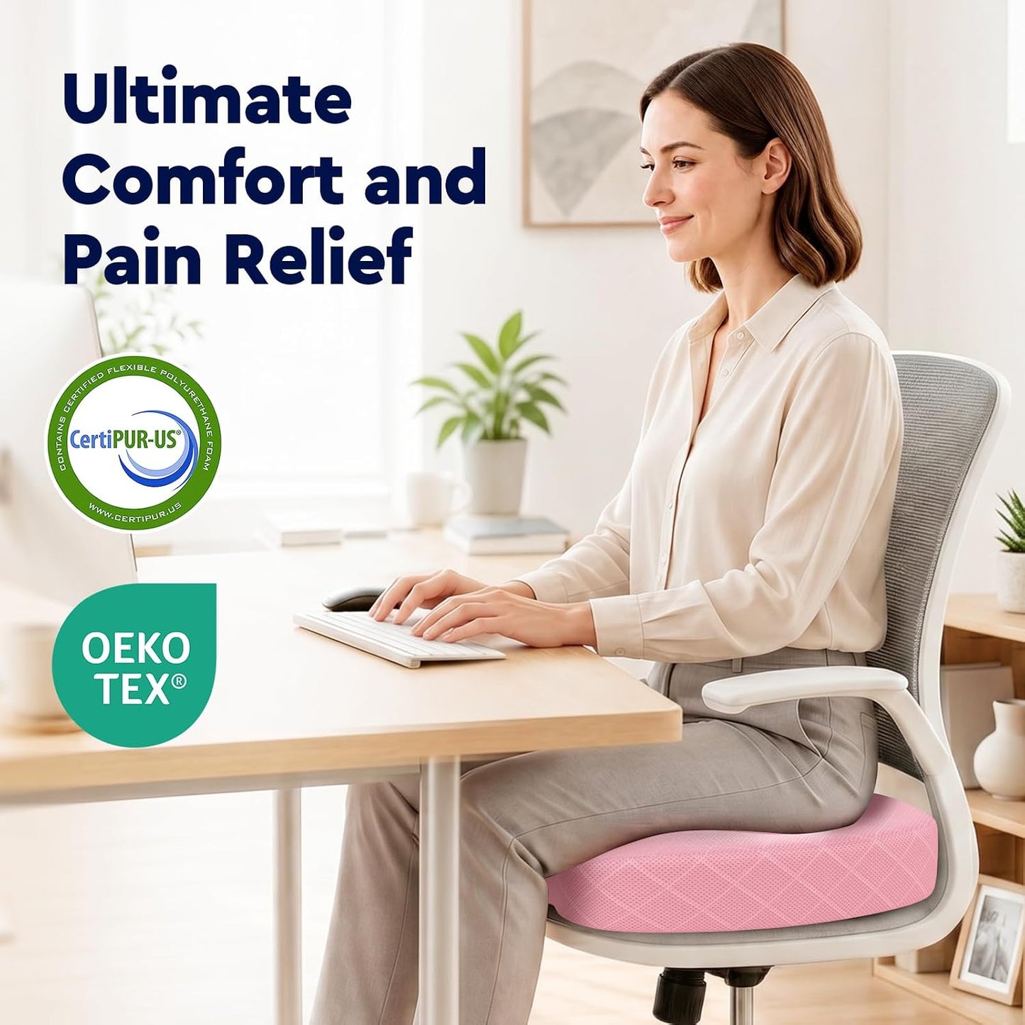 TushGuard Seat Cushion - Memory Foam Sitting Pillow for Office Chair, Car Seat, Airplane, Bleacher - Sciatica & Hip & Coccyx Pain Relief Desk Chair Cushion for Long Sitting Office Workers, Car Drivers
