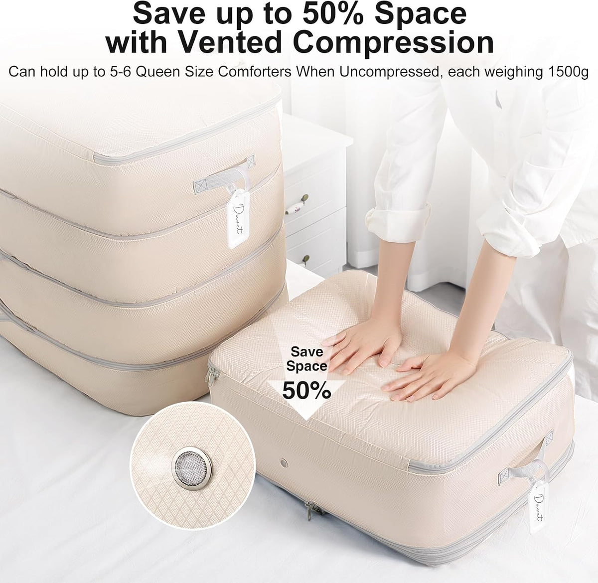 Comforter Storage Bag - 130L Large Capacity Blanket Storage Bags 4-Layer Ultra Space Saving Self Compression Organizer, Washable Compression Bags for Storage Comforter Blanket, Beige