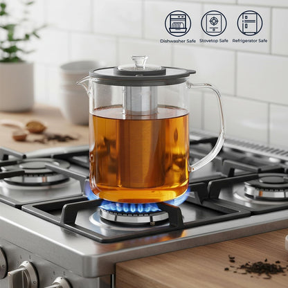 Aquach 68oz Glass Tea Pot with Infuser, Stovetop Safe Borosilicate Teapot | Dishwasher Safe, Plastic-free, Large Family Capacity, Easy-clean Opening, Loose Leaf Filter