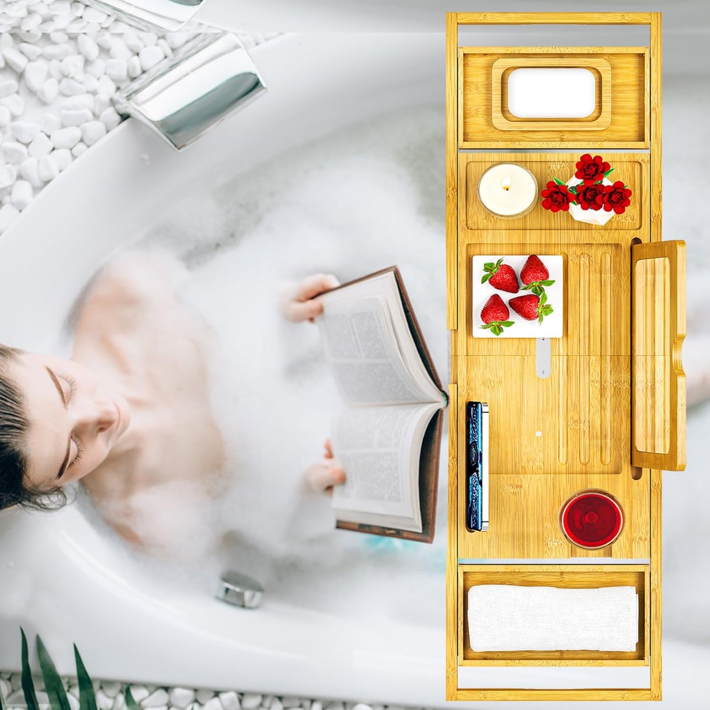 Premium Bamboo Bathtub Tray Caddy - Bath Tub Tray Table for Bathtub - Bath Caddy Tray for Bathtub, Expandable Size, Fits Most Bath Tubs