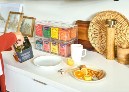 iDesign XL Tea Bag Organizer, Clear, 4-Section | For Counter, Storage Drawer for Cabinet