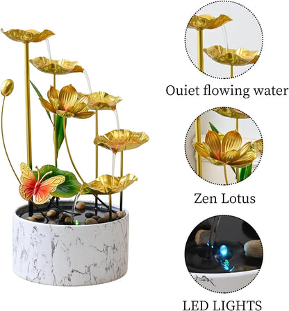 11‘’ H Pink Tabletop Water Fountain, Zen Desktop Waterfall, Indoor Lotus Desktop Decorative Fountain, Home Bathroom Bedroom Decor.