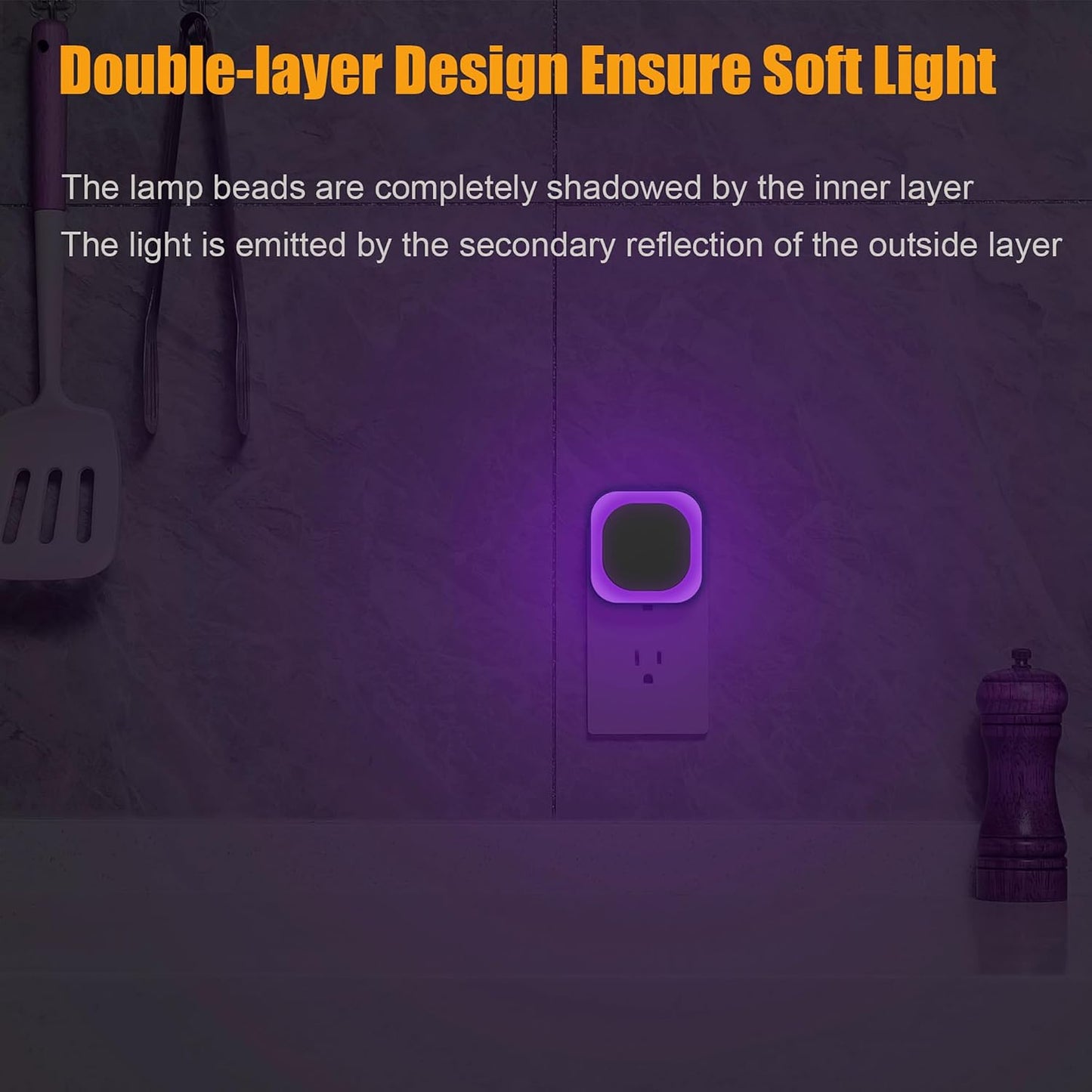 YUNLEX 2 Pack Amber Night Light, Dusk to Dawn Sensor, Warm Glare-Free Reflected Glow, 3-Level Dimmer, Auto On/Off, Plug-in LED Nightlight for Bedroom, Kids, Bathroom, Sleep, Baby Nursery, Toddler