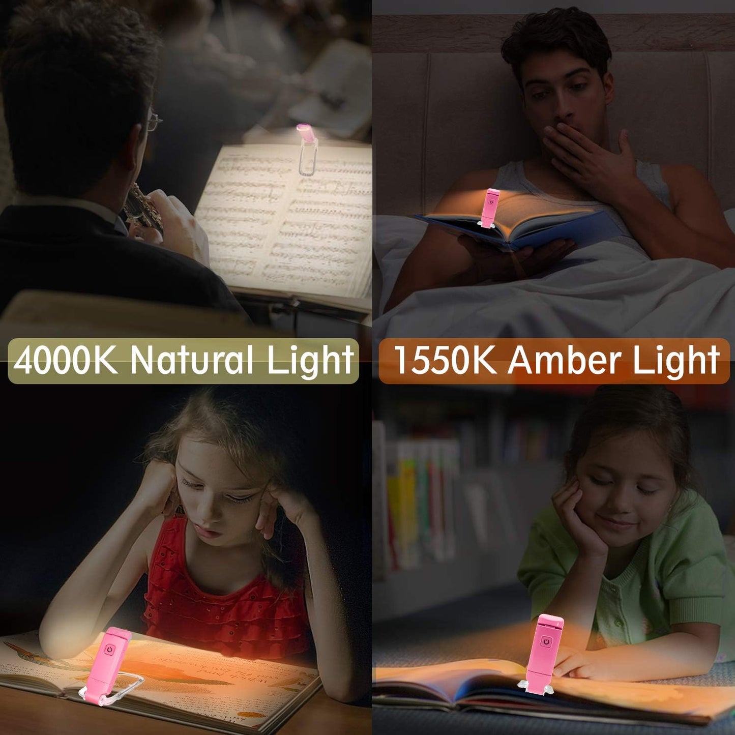 BIGLIGHT Amber Book Reading Light, LED Clip on Book Lights, Reading Lights for Books in Bed, Small Book Light for Kids, USB Rechargeable, 2 Brightness Adjustable for Eye Protection, Orange