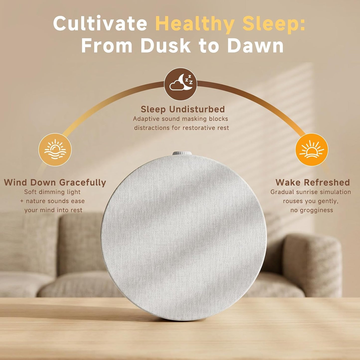Geuuap Sunrise Alarm Clock White Noise Machine | Natural Wake-Up Light for Bedroom with 30 Soothing Sleep Aids, Bluetooth Speaker, Dimmable Clock, Screen-Free Design for Baby Adults Kids-Khaki