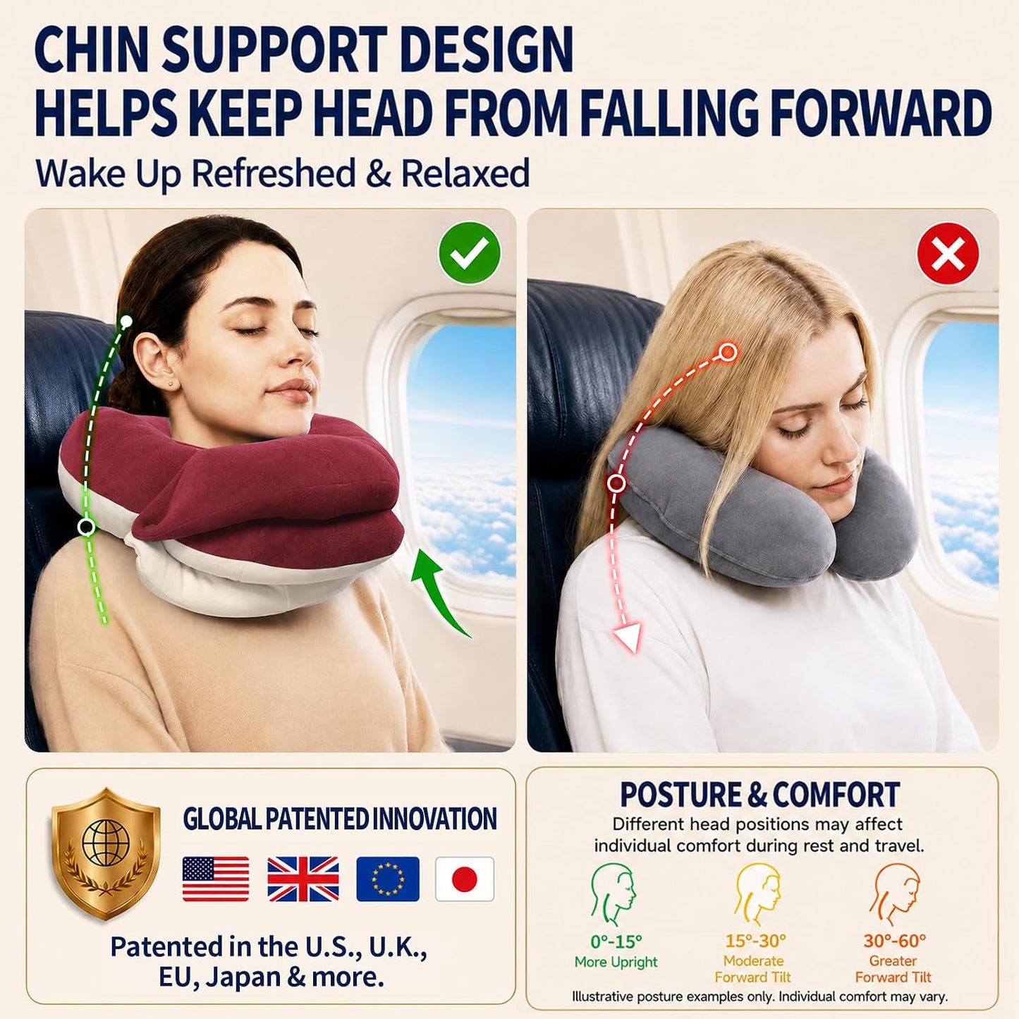 BUYUE Travel Neck Pillows for Airplanes, Memory Foam 360° Head Support Sleep for Long Flight, Skin-Friendly & Breathable, Kit with Eye Mask, Earplugs and Storage Bag (Adult, Grey, 90+ lbs)