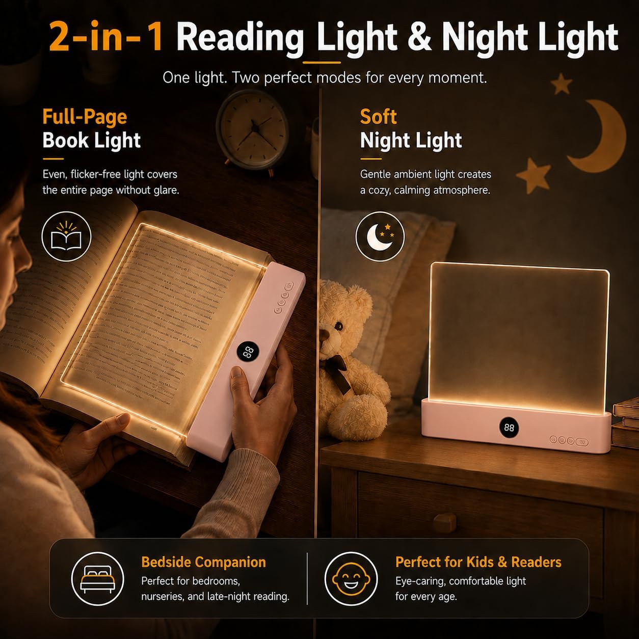 Smart 2 in 1 LED Book Light & Night Light, with 3 Colors, Stepless Dimming