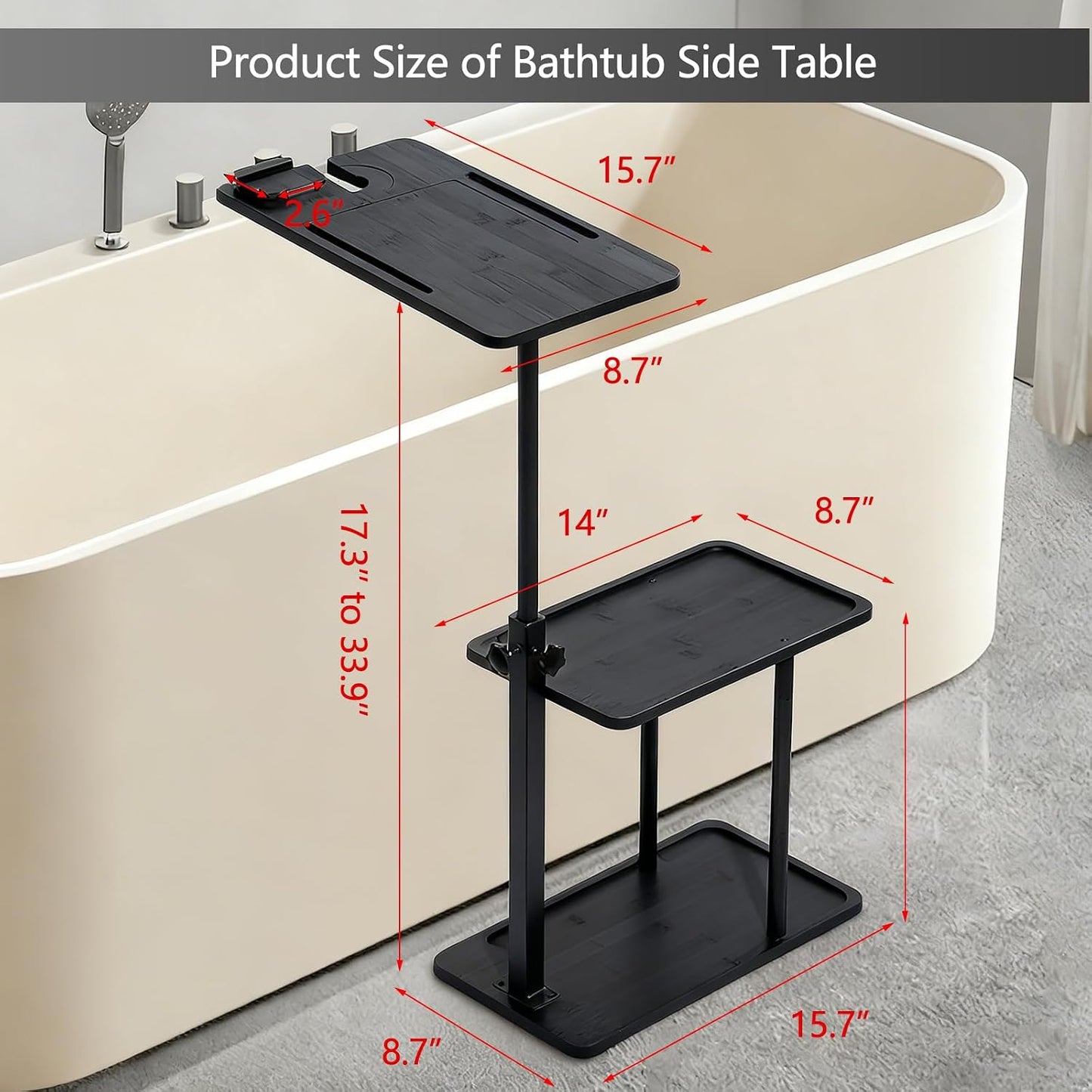 3 Layer Bathtub Tray Table,Bamboo Swivel Bathtub Side Table Height Adjustable,Freestanding Bathtub Tray for Tub Against Wall,Bathtub Accessories&Bathroom Organizer for Luxury Home Spa (Black)