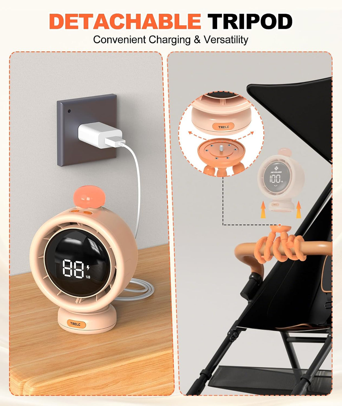 TRELC Baby Stroller Fan Large, Portable Bladeless Fan (Orange)