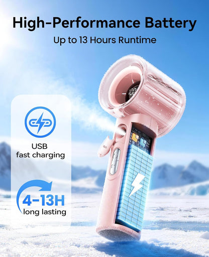 KIMMOO Portable Misting Fan, USB Rechargable Handheld Fan with Water Spray Mist, Up to 13 Hrs Cooling, 25000PRM, 100 Speeds, 50ml Water Tank, Personal Turbo Fan for Travel/Makeup/Office/Outdoor, Black
