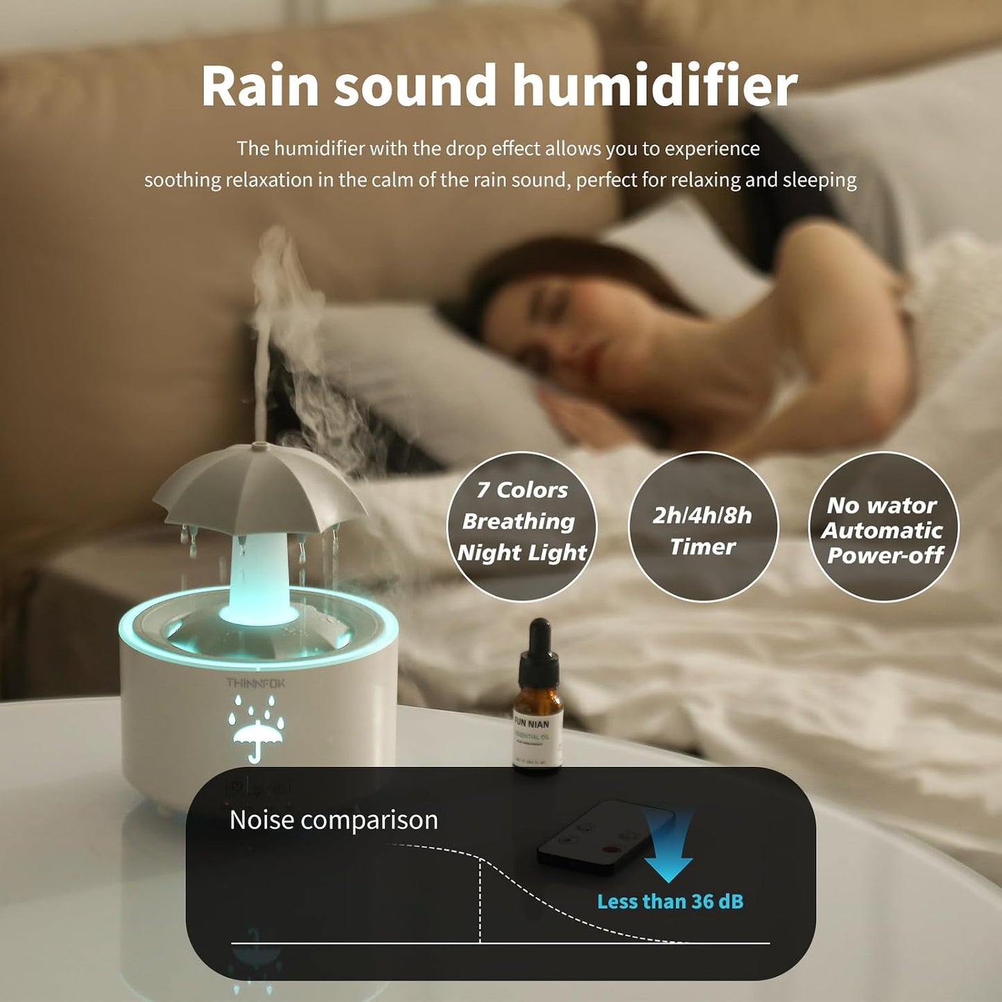 Humidifiers for Bedroom,Aromatherapy Essential Oils Diffuser | 7 Colors Breathing LED Light,Rotating Umbrella Rain Drops,12 hours of Continuous Mist, Ideal Holiday Gifts for Home Office