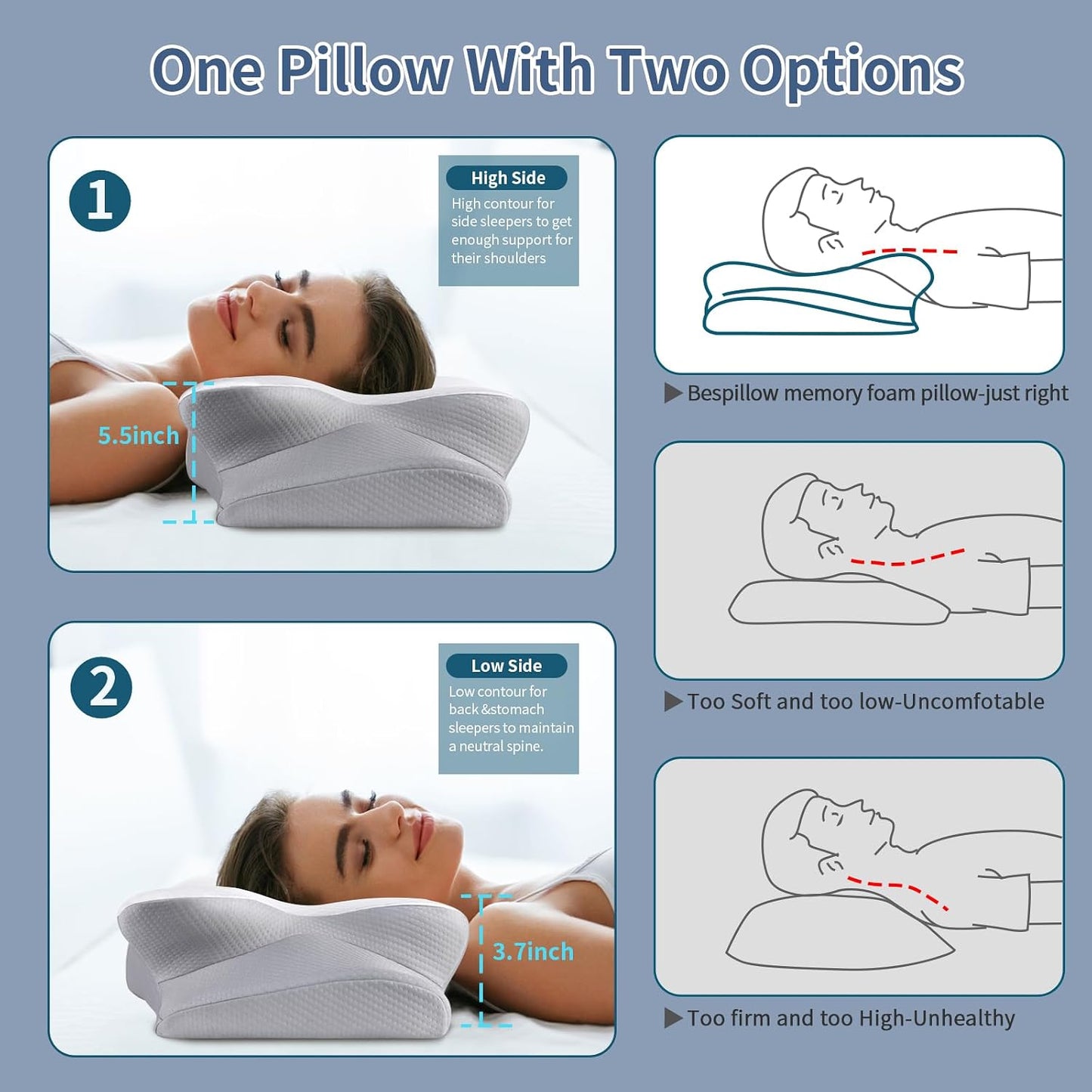 Cervical Neck Pillow for Pain Relief - Ergonomic Side Sleeper Pillow for Neck Support, Cooling Memory Foam Pillows, Contour Pillow Orthopedic Bed Pillow for Back Stomach Sleepers (Dark Grey)