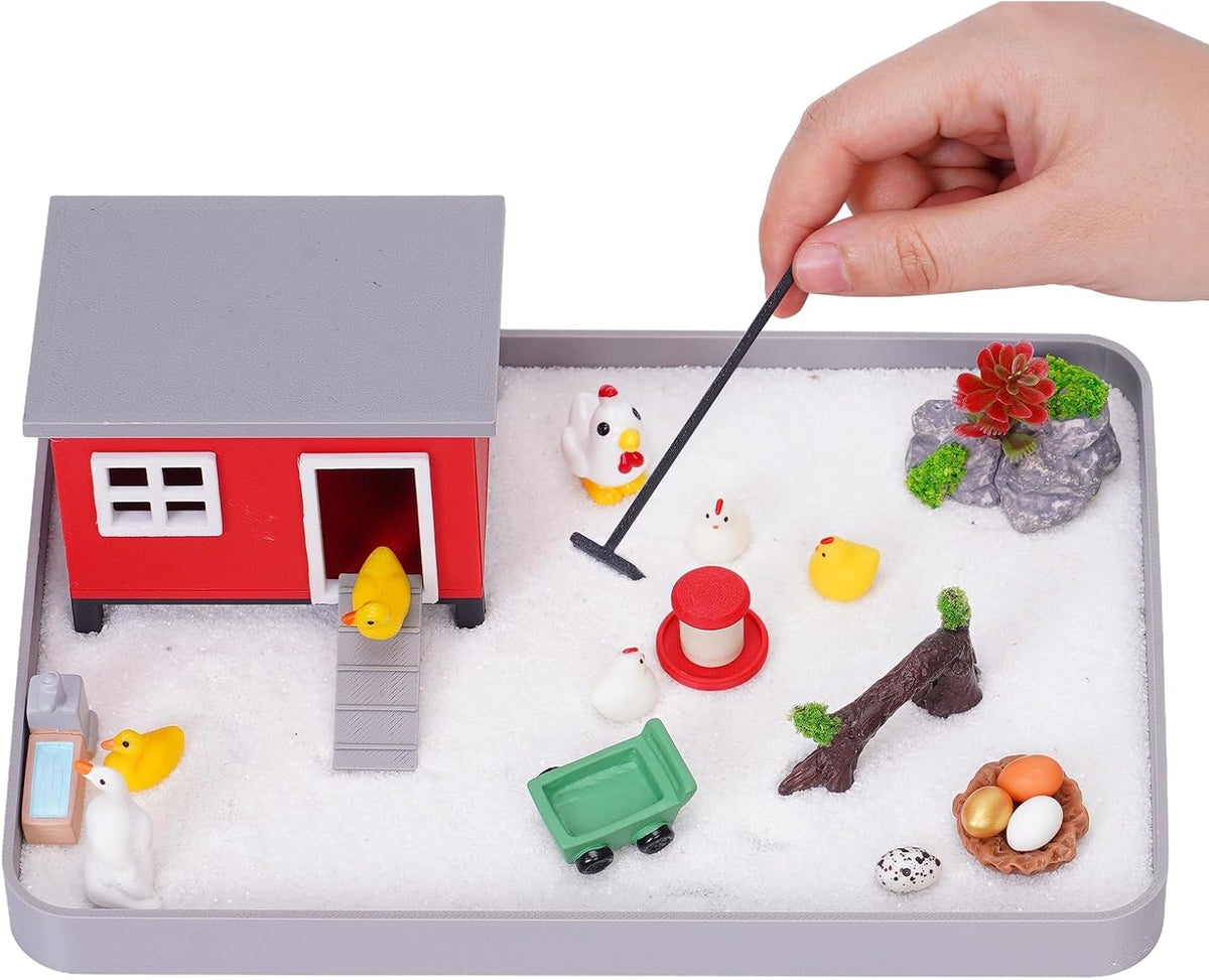 Chicken Zen Garden for Desk - 20Pcs Desk Zen Garden Kit with Coop, Sand, Hen Figurines & Rakes for Office Decor, Meditation and Stress Relief, White Elephant Gifts for Chicken Lovers
