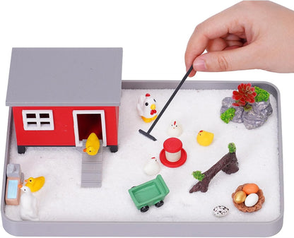 Chicken Zen Garden for Desk - 20Pcs Desk Zen Garden Kit with Coop, Sand, Hen Figurines & Rakes for Office Decor, Meditation and Stress Relief, White Elephant Gifts for Chicken Lovers