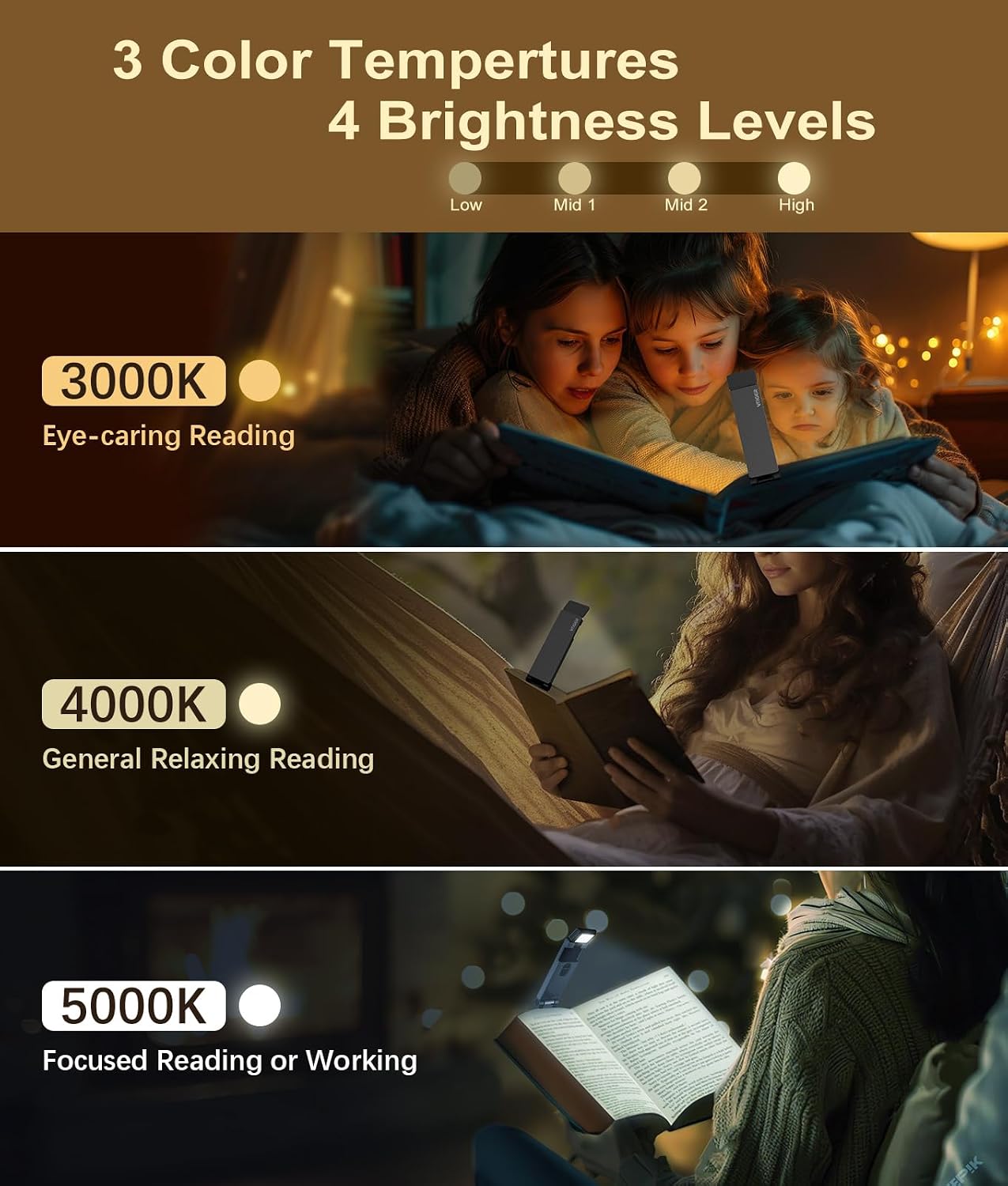 VTIGER Reading Light, USB Rechargeable Book Light for Reading in Bed,Foldable Clip-on LED Booklight, 3 Amber Colors & 4 Brightness Dimmable,Long Lasting Portable Bookmark Lamp for Book Lovers, Kids
