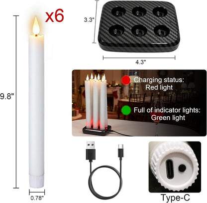 GenSwin Flameless Ivory Taper Candles Flickering with 10-Key Remote, Battery Operated Led Warm 3D Wick Light Window Candles Real Wax Pack of 6, Christmas Home Wedding Decor(0.78 X 9.64 Inch)