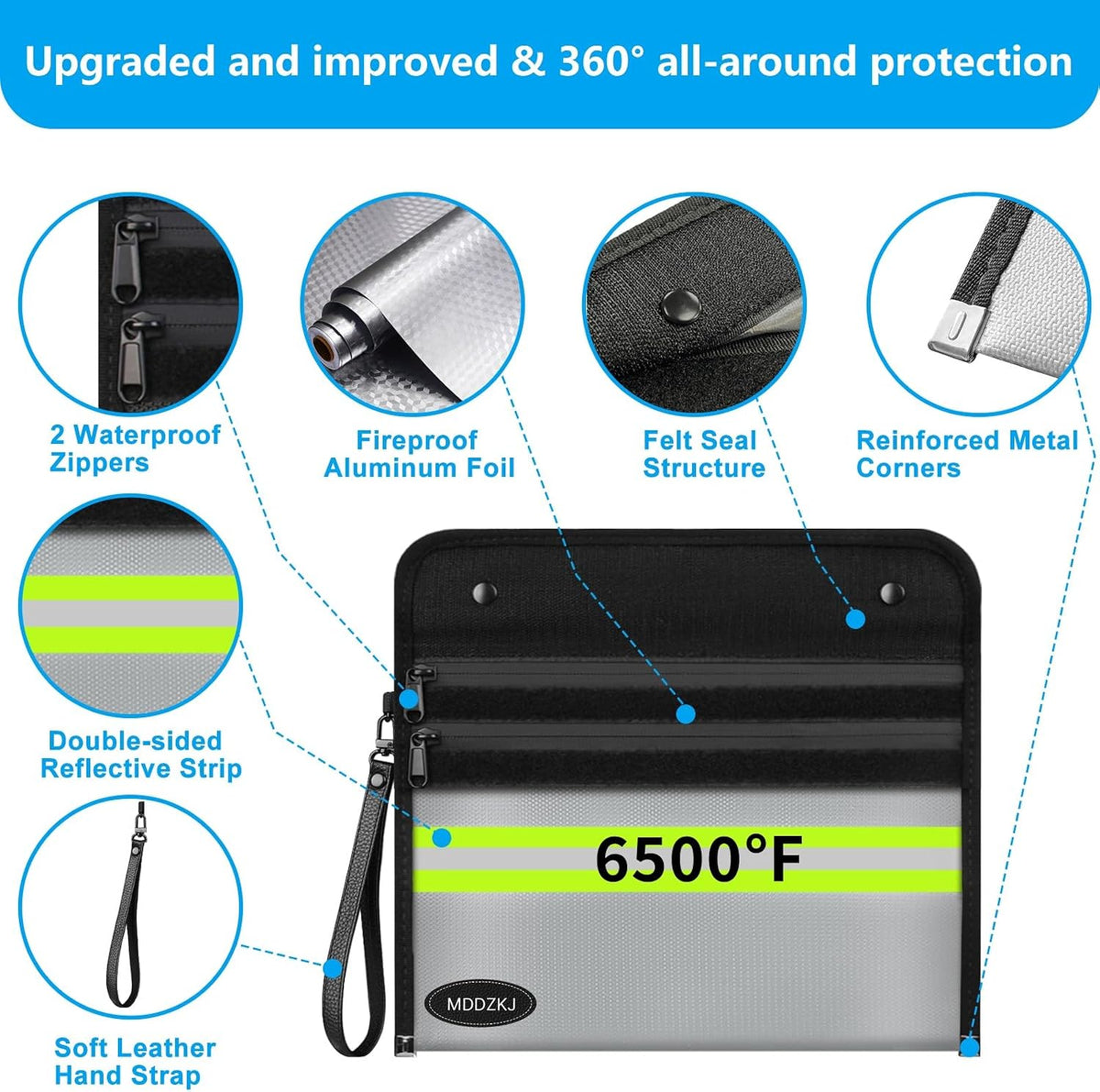 6500℉ Upgraded Fireproof Cash Bag (11.2x7.7 inch) with 2 Pockets,Small Fireproof Safe with 2 Zipper,Storage Cash,Legal Documents Safe,10 Layers of Heat Insulated Materials(2 Pack)